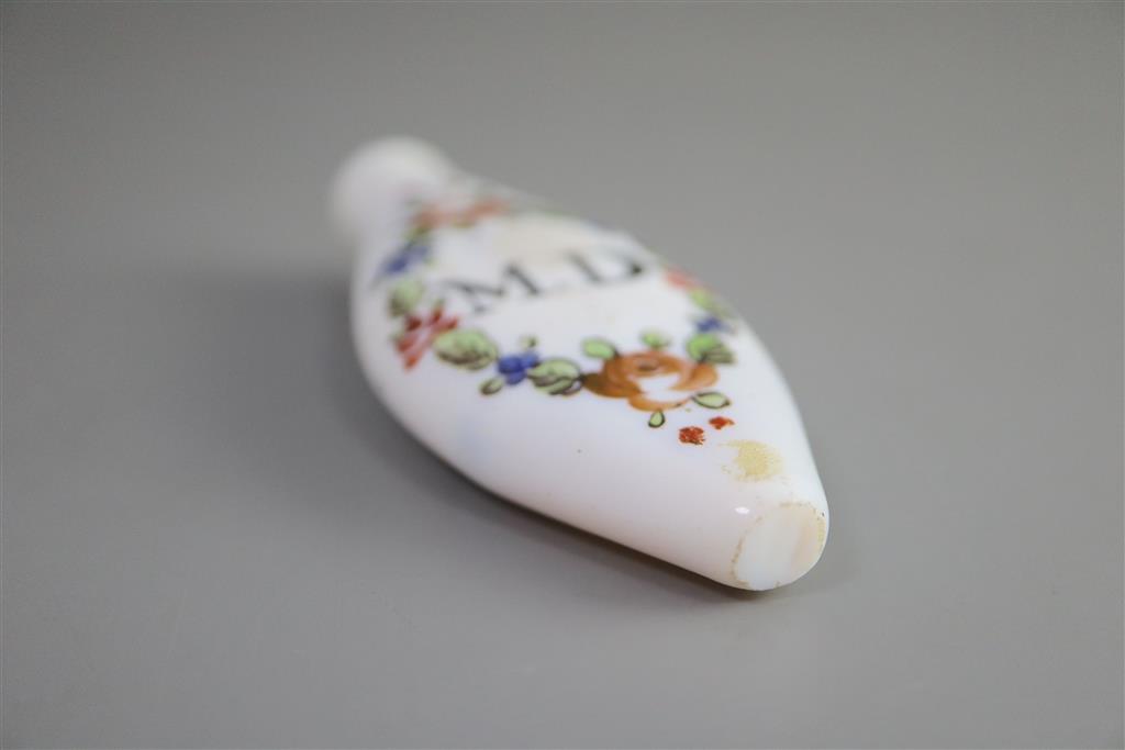 A George III enamelled white glass scent bottle, late 18th century, 8.9cm long